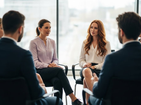 A group of five adults in business attire sit in a meeting with a woman speaking, while a blurred cityscape is visible through the large window behind themの素材