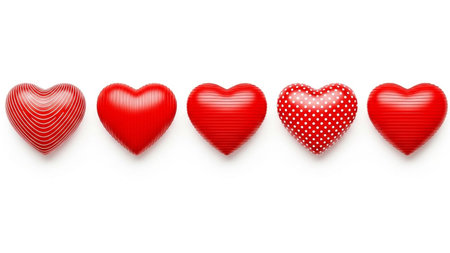 A set of five red hearts with various patterns and textures, including stripes and polka dots, arranged horizontally on a pure white background.の素材