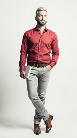 A man with short blond hair and beard wearing a red button-down shirt, gray pants, and brown boots, standing with one hand in pocket on a white background with subtle shadowsの素材