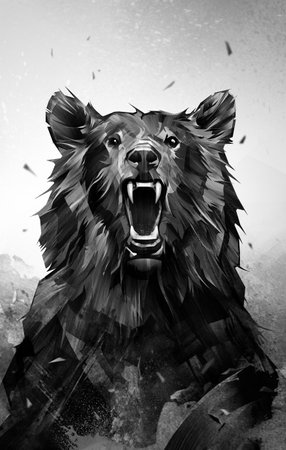 painted portrait of an animal bear furious in monochromeの写真素材