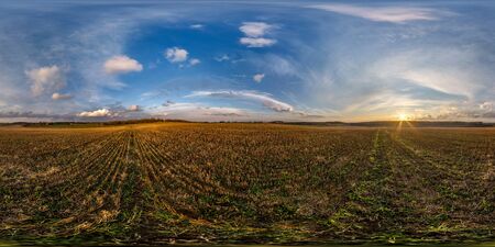 full seamless spherical panorama 360 degrees angle view among fields in evening sunset with awesome blue pink red clouds in equirectangular projection, ready for VR AR virtual realityの写真素材