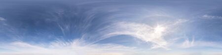 blue sky with beautiful fluffy cumulus clouds. Seamless hdri panorama 360 degrees angle view without ground for use in 3d graphics or game development as sky dome or edit drone shotの写真素材