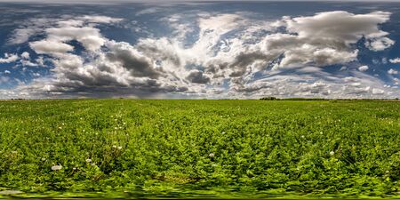 full seamless spherical hdri panorama 360 degrees angle view on among fields in spring day with awesome clouds before storm in equirectangular projection, ready for VR AR virtual reality contentの写真素材