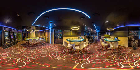 LAS VEGAS, USA - MAY, 2017: full seamless spherical hdri panorama 360 degrees view in interior elite luxury vip casino with rows of slot machines and table for poker in equirectangular projection. VRのeditorial素材