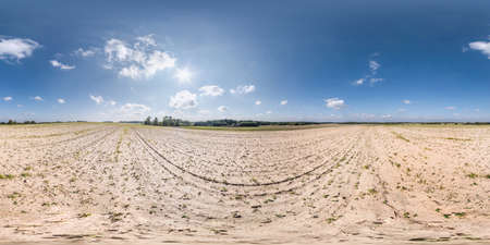 full seamless spherical panorama 360 degrees angle view on among fields in autumn day with clear sky...