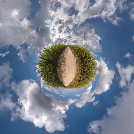 tiny planet transformation of spherical panorama 360 degrees. Spherical abstract aerial view in...