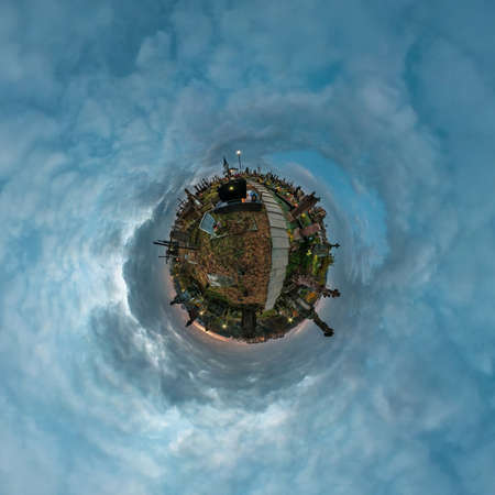 little planet transformation of spherical panorama 360 degrees. Spherical abstract aerial view on cemetery near graves. Curvature of space.の写真素材