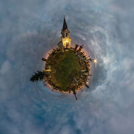 little planet transformation of spherical panorama 360 degrees. Spherical abstract aerial view on cemetery near graves. Curvature of space.の写真素材