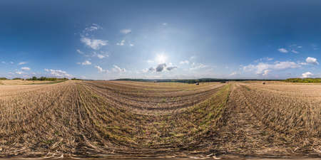 full seamless spherical hdri panorama 360 degrees angle view among harvested rye and wheat fields...