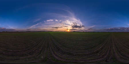 full seamless spherical hdri panorama 360 degrees angle view on among farm fields in autumn evening...