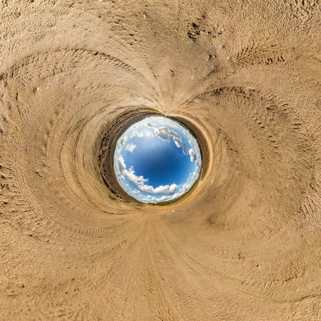 Blue little planet. Inversion of tiny planet transformation of spherical panorama 360 degrees....