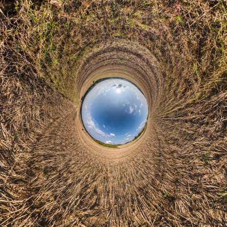 Blue little planet. Inversion of tiny planet transformation of spherical panorama 360 degrees. Spherical abstract aerial view. Curvature of space.の写真素材