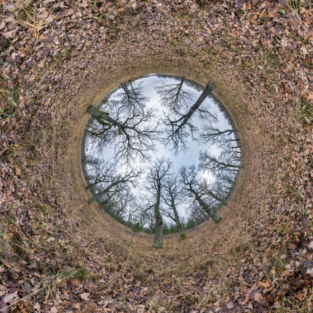 inversion of tiny planet transformation of spherical panorama 360 degrees. Spherical abstract aerial...