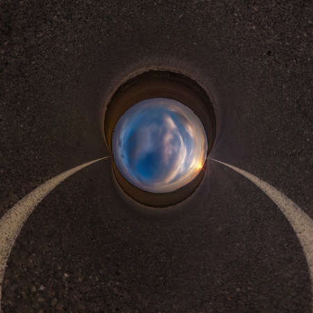 Inversion of blue little planet transformation of spherical panorama 360 degrees. Spherical abstract...