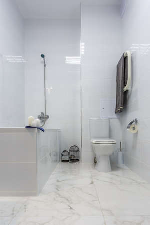 details of corner shower cabin with wall mount shower attachment and water tap sink with faucet in expensive bathroomの写真素材