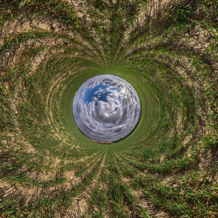 Blue little planet. Inversion of tiny planet transformation of spherical panorama 360 degrees....
