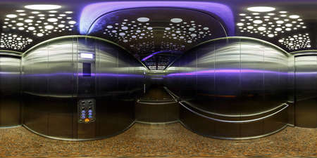 Full spherical seamless hdri panorama 360 degrees angle view inside interior of metal elevator lift...