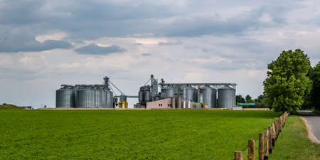 Modern Granary elevator and seed cleaning line. Silver silos on agro-processing and manufacturing plant for processing drying cleaning and storage of agricultural products, flour, cereals and grain.の写真素材