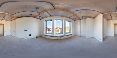 empty white room without repair and furniture. full spherical hdri panorama 360 degrees in interior room in modern apartments in equirectangular projectionの写真素材