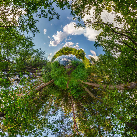 green tiny planet transformation of spherical panorama 360 degrees. Spherical abstract aerial view...