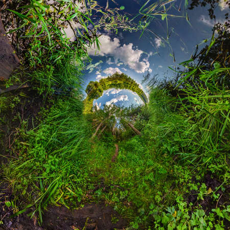 green tiny planet transformation of spherical panorama 360 degrees. Spherical abstract aerial view...