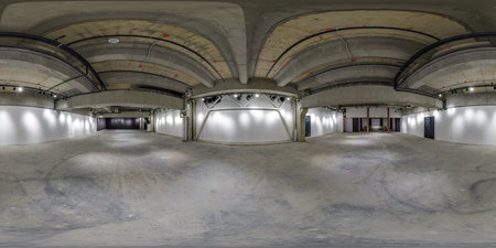 full seamless spherical hdri panorama 360 degrees in interior of large empty room as warehouse, hangar or gallary with spotlights in equirectangular projection. VR AR conceptの写真素材