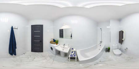 360 seamless hdri panorama view inside interior of expensive bathroom in modern flat apartments with toilet and washbasin in equirectangular spherical projection, ready AR VR virtual reality contentの写真素材