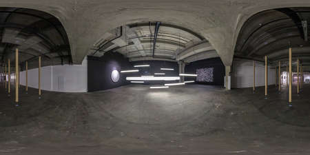 MINSK, BELARUS - MAY 2020: seamless spherical hdri 360 panorama in interior of large empty room as light exhibition gallery of contemporary art in industrial warehouse in equirectangular projection.のeditorial素材