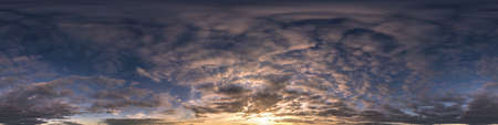 hdri 360 panorama of sunset sky with beautiful clouds in seamless projection with zenith for use in...