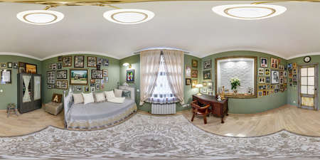 MINSK, BELARUS -  MAY 2021: 360 hdr panorama view in interior of bedroom in studio apartments with lots of paintings and photographs on the walls in equirectangular spherical projection, VR AR contentのeditorial素材