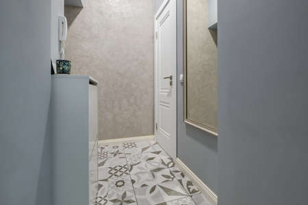 long empty corridor in interior of entrance hall of modern apartments, office or clinicの写真素材