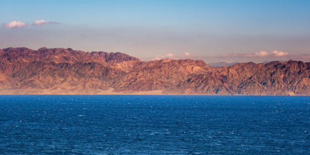 panorama view from the height of the mountains range  to the red seaの写真素材