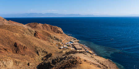 panorama view from the height of the mountains range  to the red seaの写真素材