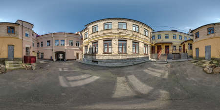 full seamless spherical hdri panorama 360 degrees angle near old houses in narrow courtyard or backyard of city bystreet in equirectangular projection, ready for VR AR virtual reality contentの写真素材