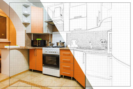 interior of modern kitchen in flat apartment in minimalistic style with drawing split from idea to implementation of the finished productの写真素材
