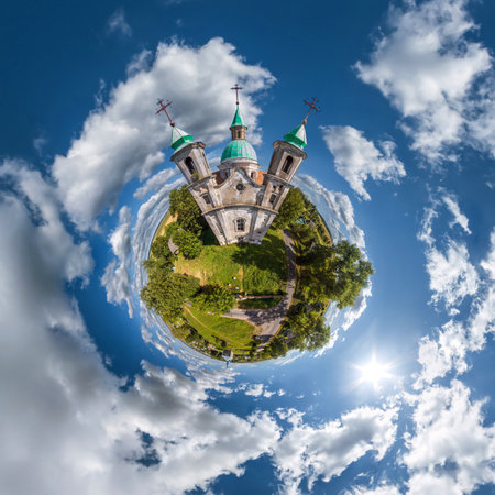 little planet transformation of spherical panorama 360 degrees. Spherical abstract aerial on church. Curvature of space.の写真素材