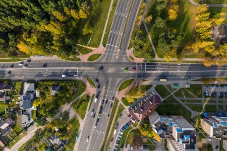 aerial view of road interchange or highway intersection. Junction network of transportation taken by...