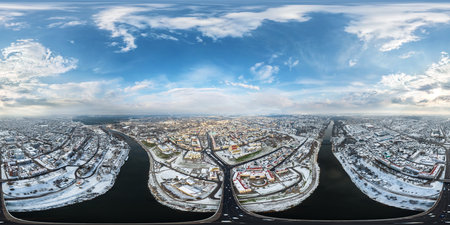 aerial full seamless spherical winter 360 hdri panorama view overlooking old town, urban...