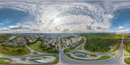 aerial full seamless spherical hdri 360 panorama view above road junction near forest in...