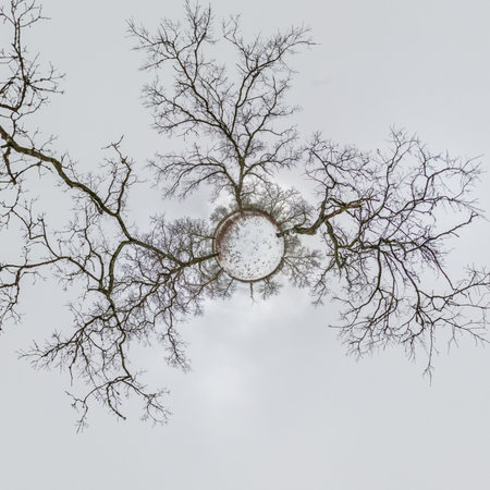 winter tiny planet transformation of spherical panorama 360 degrees. Spherical abstract aerial view...