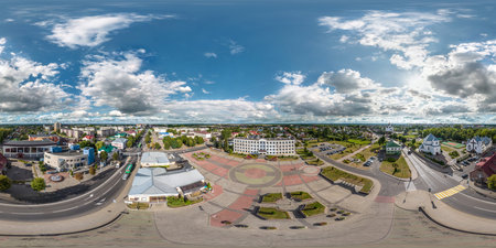 aerial hdri 360 panorama view from great height on buildings, churches and center square of...