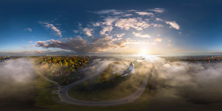 full hdri 360 panorama of earlier foggy morning and aerial view on medieval castle and promenade...