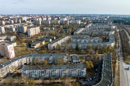 aerial panoramic view of modern residential area of high-rise buildingsの写真素材