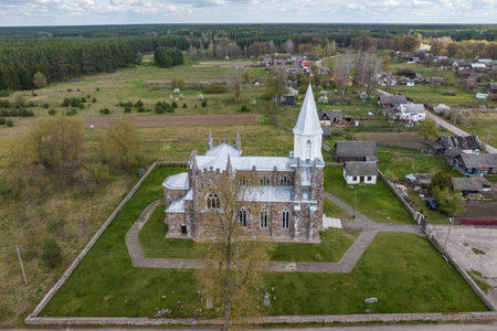 aerial view on baroque or gothic temple or catholic church in countrysideの写真素材