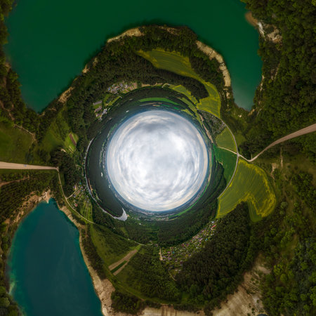 blue sphere little planet inside green grass round frame background.