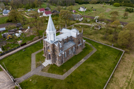 aerial view on baroque or gothic temple or catholic church in countrysideの写真素材