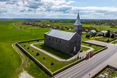 aerial view on baroque or gothic temple or catholic church in countryside