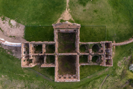 aerial view on overlooking restoration of the historic castle or palaceの写真素材