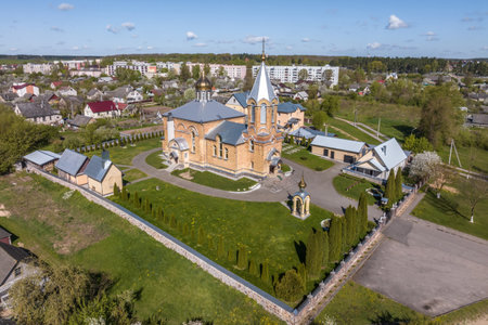 aerial view on baroque or gothic temple or catholic church in countryside