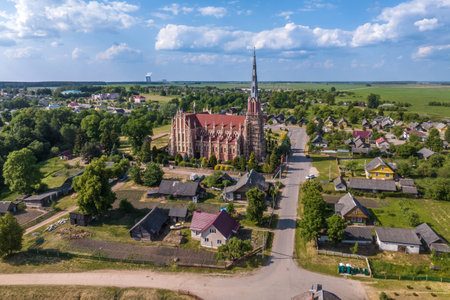 aerial view on neo gothic or baroque temple or catholic church in countrysideの写真素材